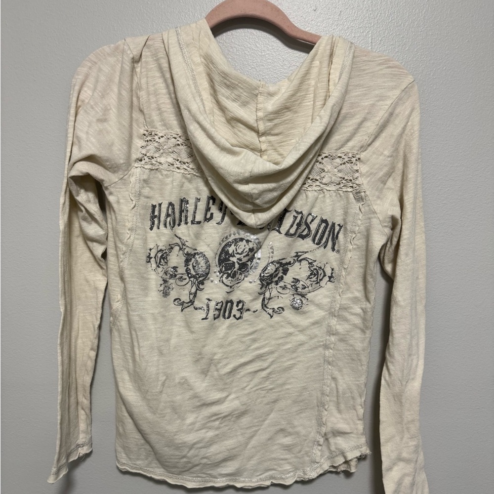 Harley-Davidson Cream Hooded Long Sleeve With Skull Rhinestone Lace Detail